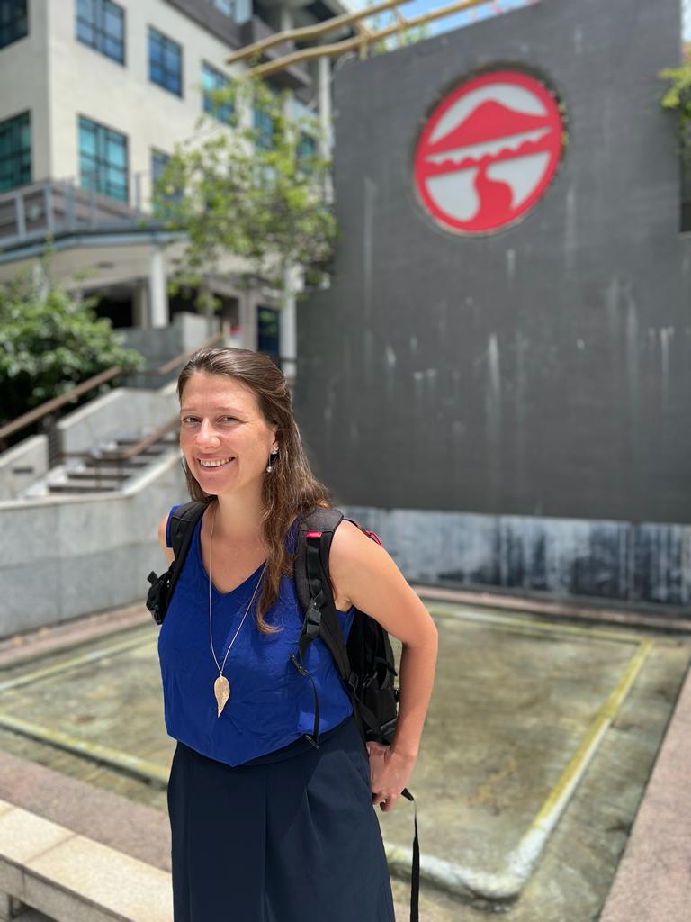 Photo of Katharina Josefine Kuhn in front of Wing On Plaza at Lingnan University.